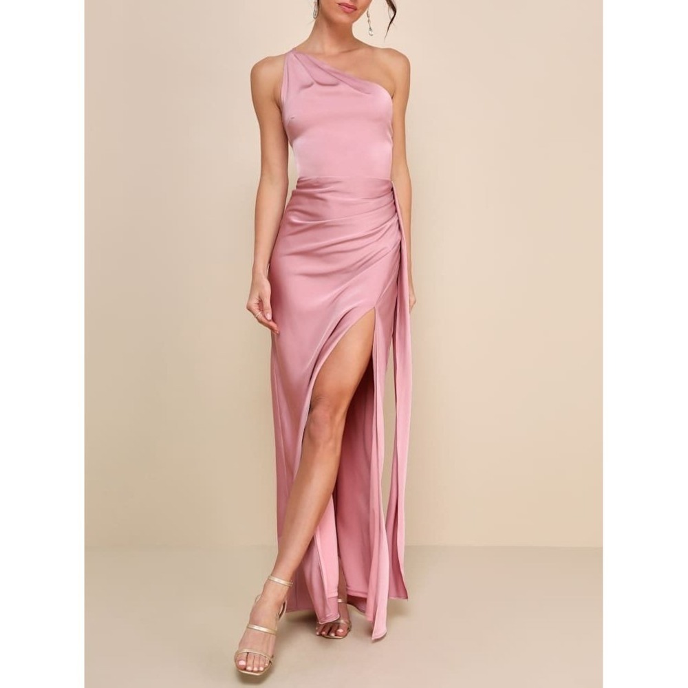 NWT‎ Lulus Signature Elegance Rose Satin One-Shoulder Maxi Dress Small Pink